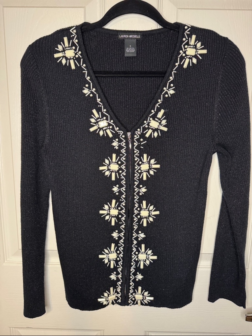 Lauren Michelle Black V-Neck Sweater with Ivory Beaded Floral Trim